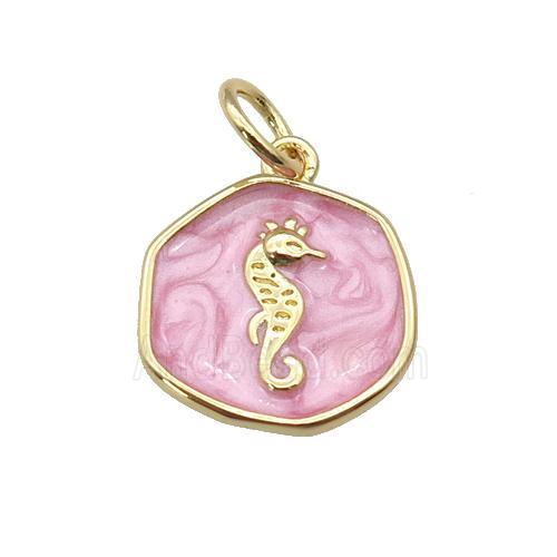 copper coin pendant with pink enamel, seahorse, gold plated