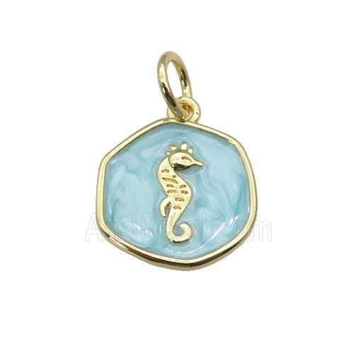 copper coin pendant with teal enamel, seahorse, gold plated