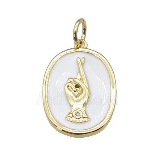 copper oval pendant with white enamel, hand, gold plated
