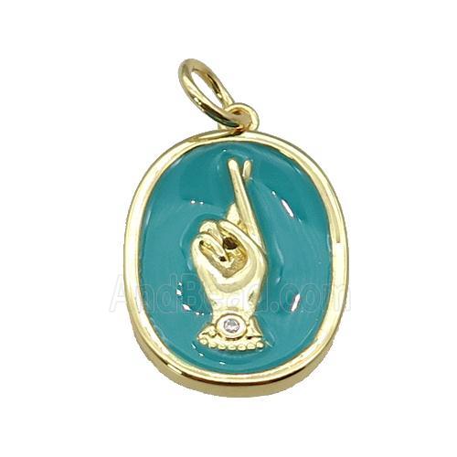 copper oval pendant with teal enamel, hand, gold plated