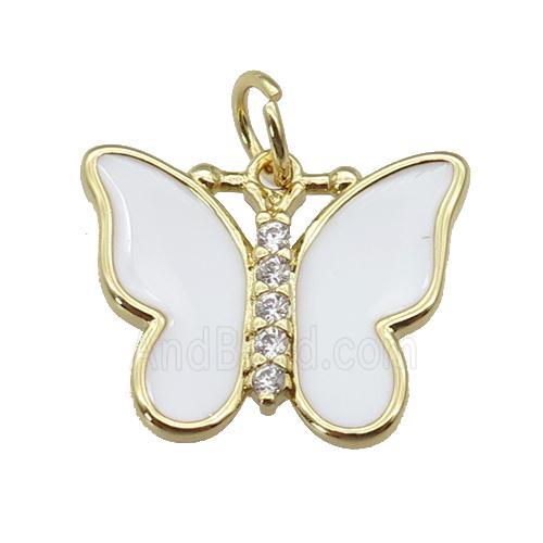 copper Butterfly pendant paved zircon with white enamel, gold plated