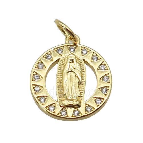 copper Virgin Mary pendant paved zircon, gold plated