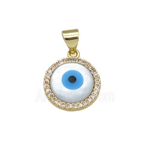 copper circle pendant paved zircon with Pearlized Shell Evil Eye, gold plated