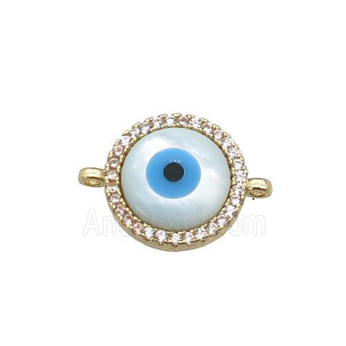 copper circle connector paved zircon with Pearlized Shell Evil Eye, gold plated