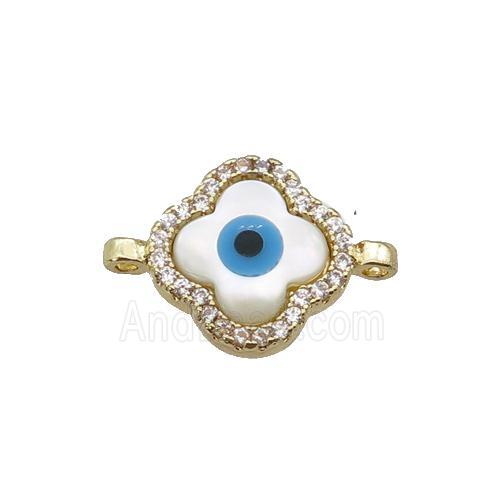 copper clover connector paved zircon with Pearlized Shell Evil Eye, gold plated