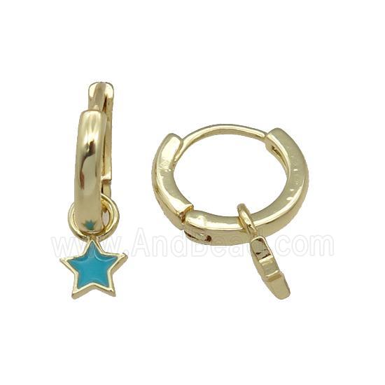 copper Hoop Earring with teal enamel star, gold plated