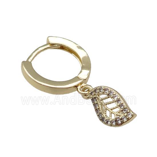 copper Hoop Earring with leaf paved zircon, gold plated