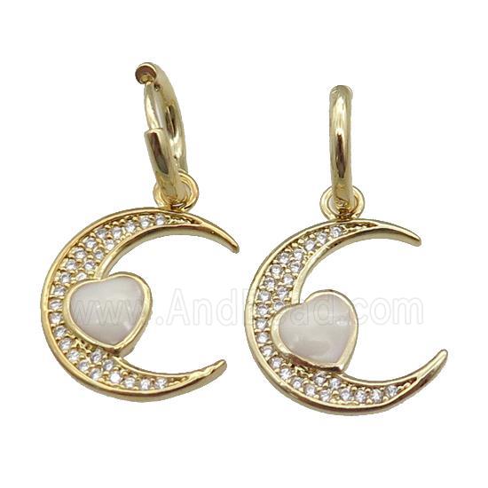 copper Hoop Earring with Moon paved zircon, white enamel heart, gold plated