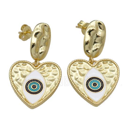 copper Stud Earring with heart, enamel Evil Eye, gold plated