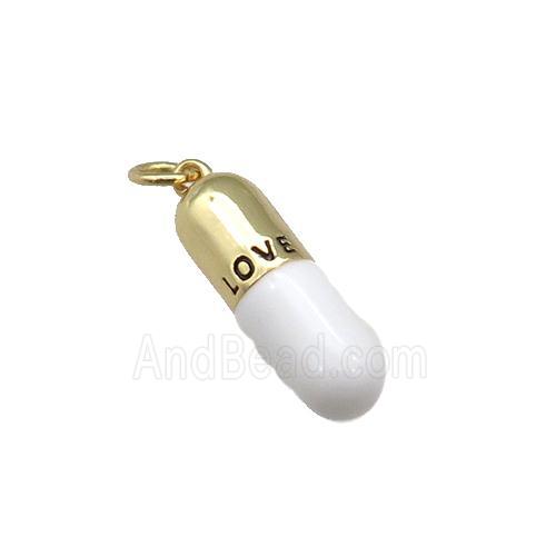 copper Pill Charm pendant with white enamel, LOVE, gold plated