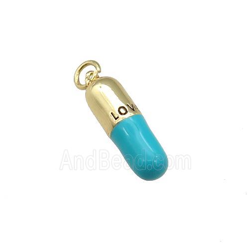 copper Pill Charm pendant with teal enamel, LOVE, gold plated