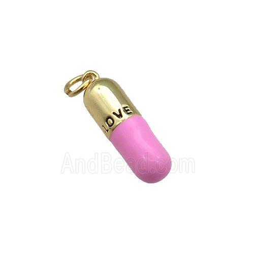 copper Pill Charm pendant with pink enamel, LOVE, gold plated