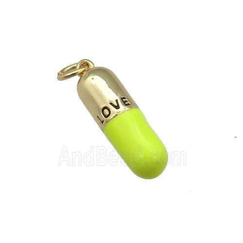 copper Pill Charm pendant with yellow enamel, LOVE, gold plated