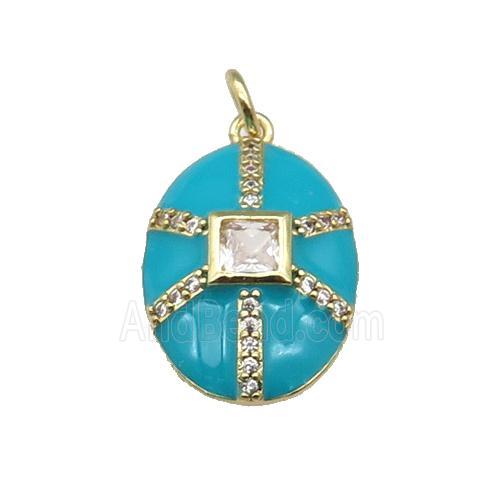 copper oval pendant paved zircon, teal enamel, gold plated