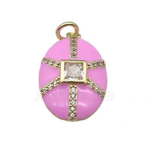 copper oval pendant paved zircon, pink enamel, gold plated