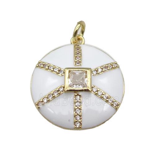 copper circle pendant paved zircon, white enamel, gold plated