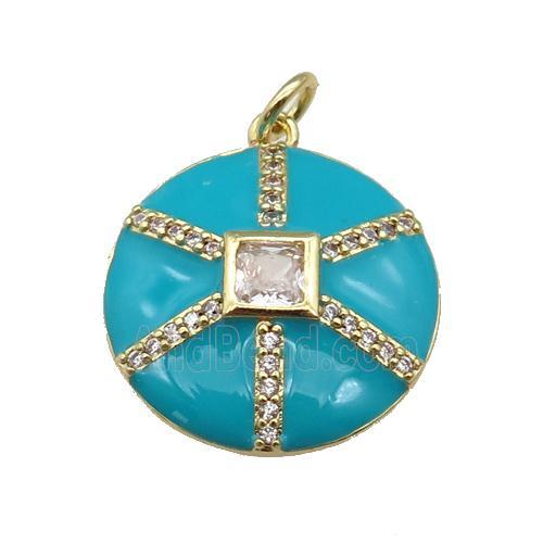 copper circle pendant paved zircon, teal enamel, gold plated