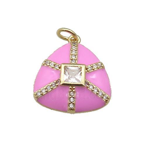 copper triangle pendant paved zircon, pink enamel, gold plated