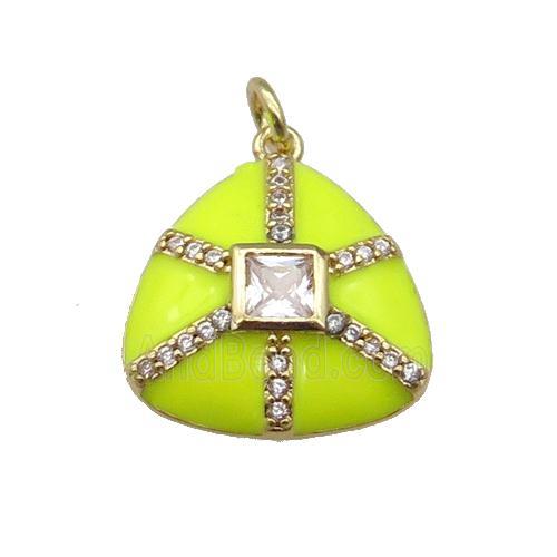 copper triangle pendant paved zircon, yellow enamel, gold plated