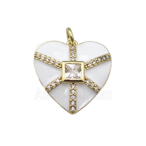 copper heart pendant paved zircon, white enamel, gold plated