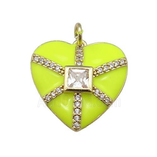 copper heart pendant paved zircon, yellow enamel, gold plated