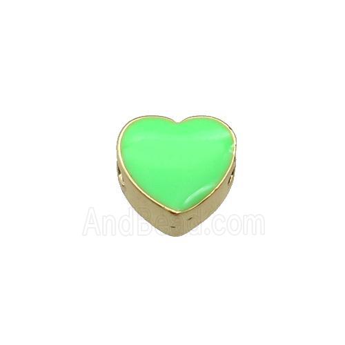 copper Heart beads with green enamel, gold plated