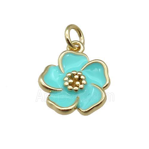 copper Flower pendant with teal enamel, gold plated
