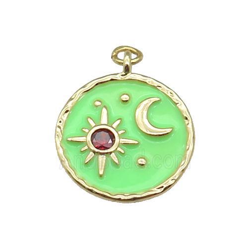 copper Circle pendant paved zircon with green enamel, moon, sun, gold plated