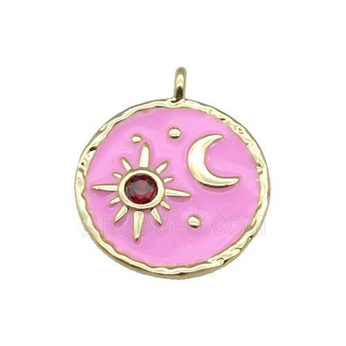 copper Circle pendant paved zircon with pink enamel, moon, sun, gold plated