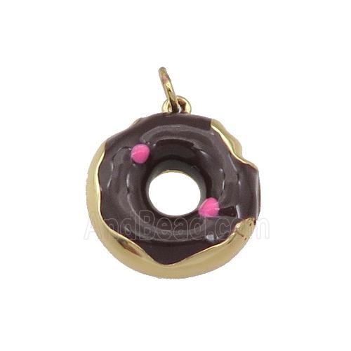 copper Donut charm pendant with black enamel, gold plated