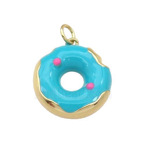 copper Donut charm pendant with teal enamel, gold plated