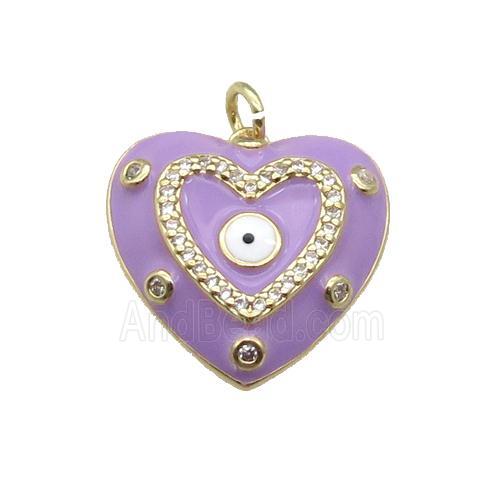 copper Heart pendant with lavender enamel, evil eye, gold plated