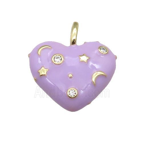 copper Heart pendant with lt.lavender enamel, moon star, gold plated