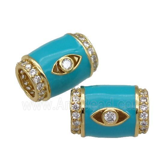 copper Tube beads paved zircon with teal enamel, eye, gold plated