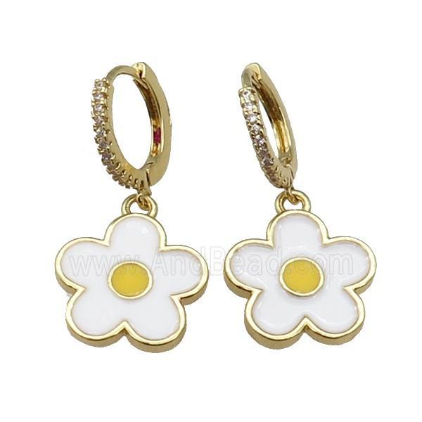 copper Hoop Earring paved zircon, white enamel daisy flower, gold plated