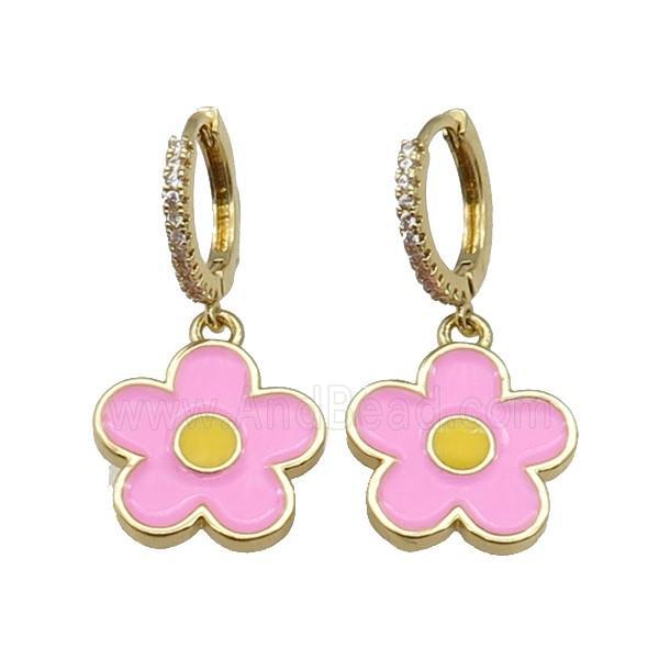 copper Hoop Earring paved zircon, pink enamel daisy flower, gold plated