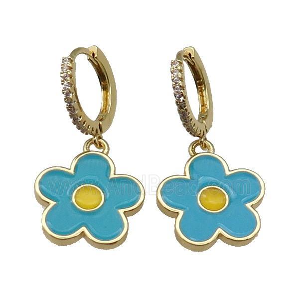 copper Hoop Earring paved zircon, teal enamel daisy flower, gold plated