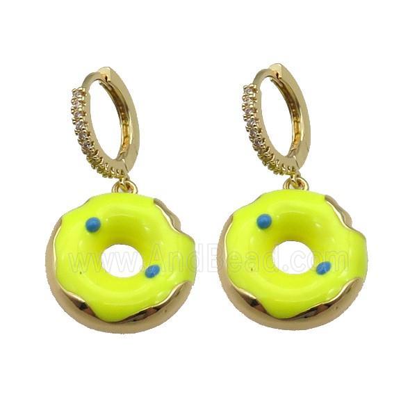 copper Hoop Earring paved zircon with yellow enamel donut, gold plated