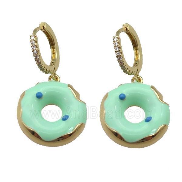 copper Hoop Earring paved zircon with green enamel donut, gold plated