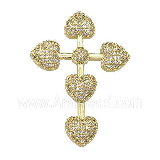 copper Cross pendant paved zircon, heart, gold plated
