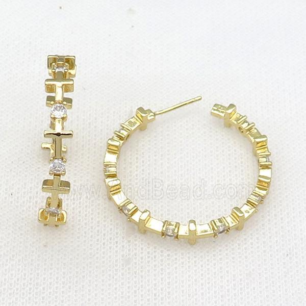 copper Stud Earrings paved zircon, cross, gold plated