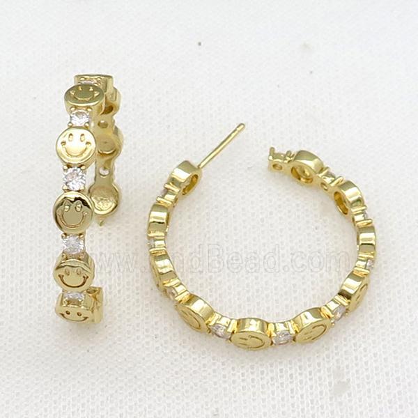 copper Stud Earrings paved zircon, smileface, gold plated