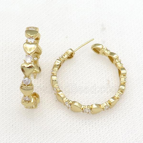 copper Stud Earrings paved zircon, heart, gold plated