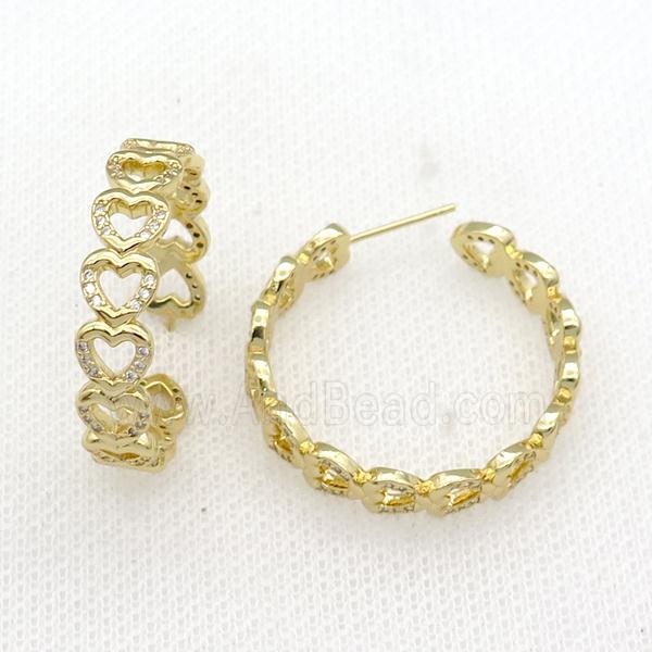 copper Stud Earrings paved zircon, heart, gold plated