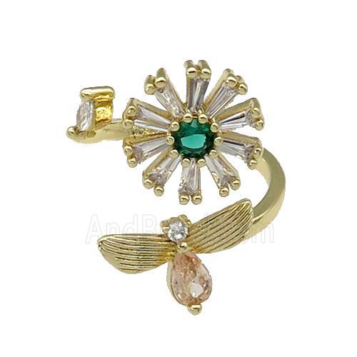 copper Ring paved zircon, flower, gold plated