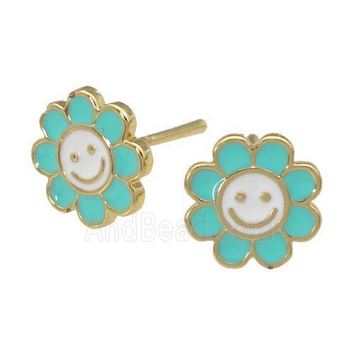 copper emoji Stud Earring with green enamel, smileface, gold plated