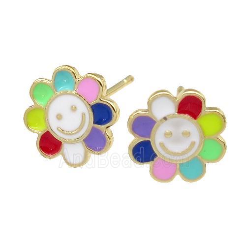 copper emoji Stud Earring with multicolor enamel, smileface, gold plated