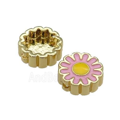copper Sunflower beads with pink enamel, gold plated