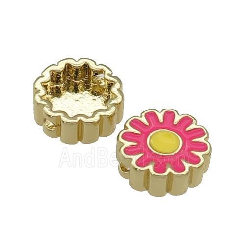 copper Sunflower beads with hotpink enamel, gold plated