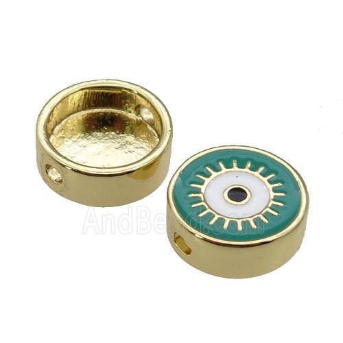 copper circle Eye beads with green enamel, gold plated